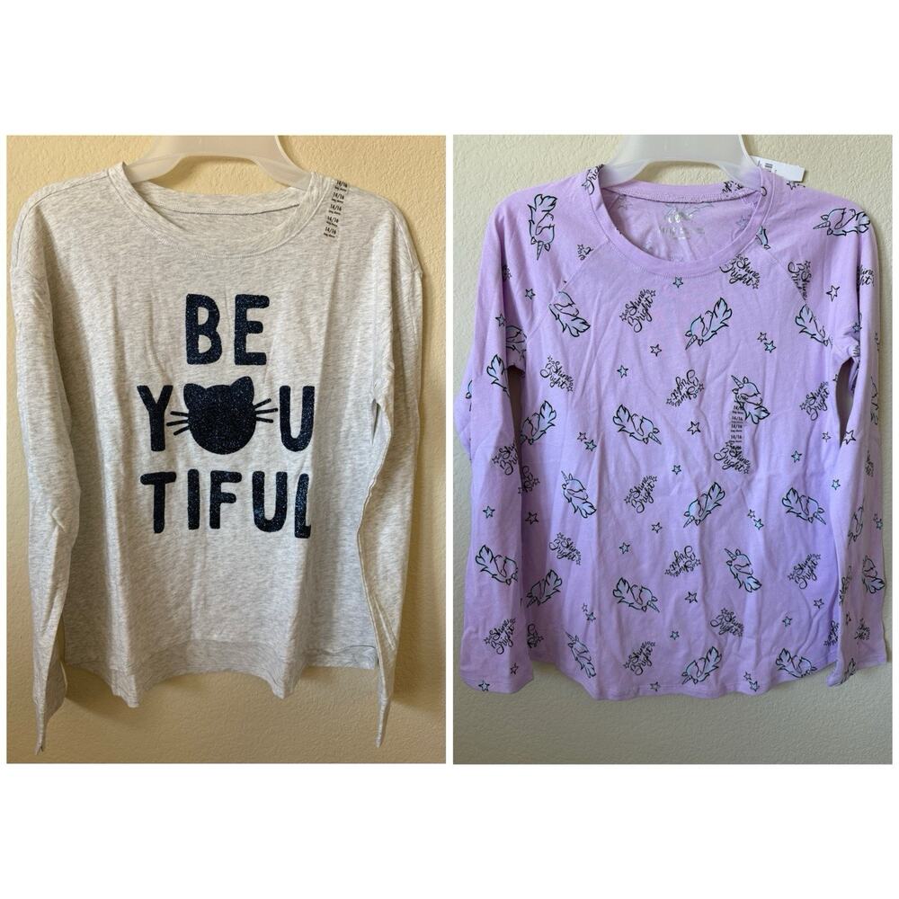 Lot Of 2 Justice Gray Purple Unicorn Cat Girls’ Long Sleeve Girls Top Size 14/16